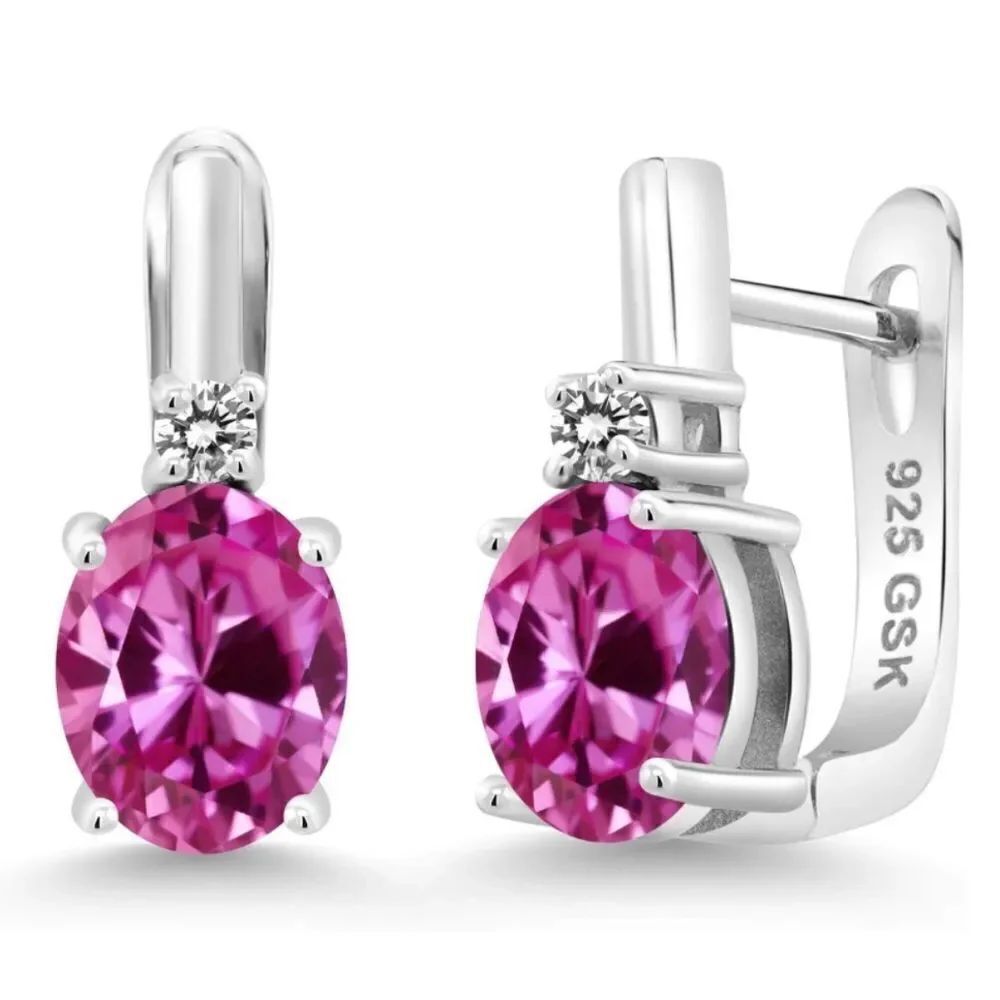 925 Sterling Silver with 4.93 Cttw Pink Sapphire and White Diamond Oval Earrings